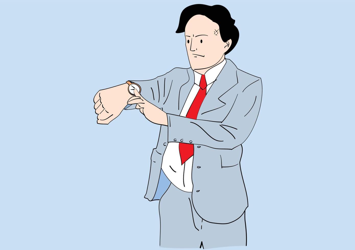 Business man wearing necktie and looking at wrist watch, waiting. Hand drawn thin line style, vector illustrations.