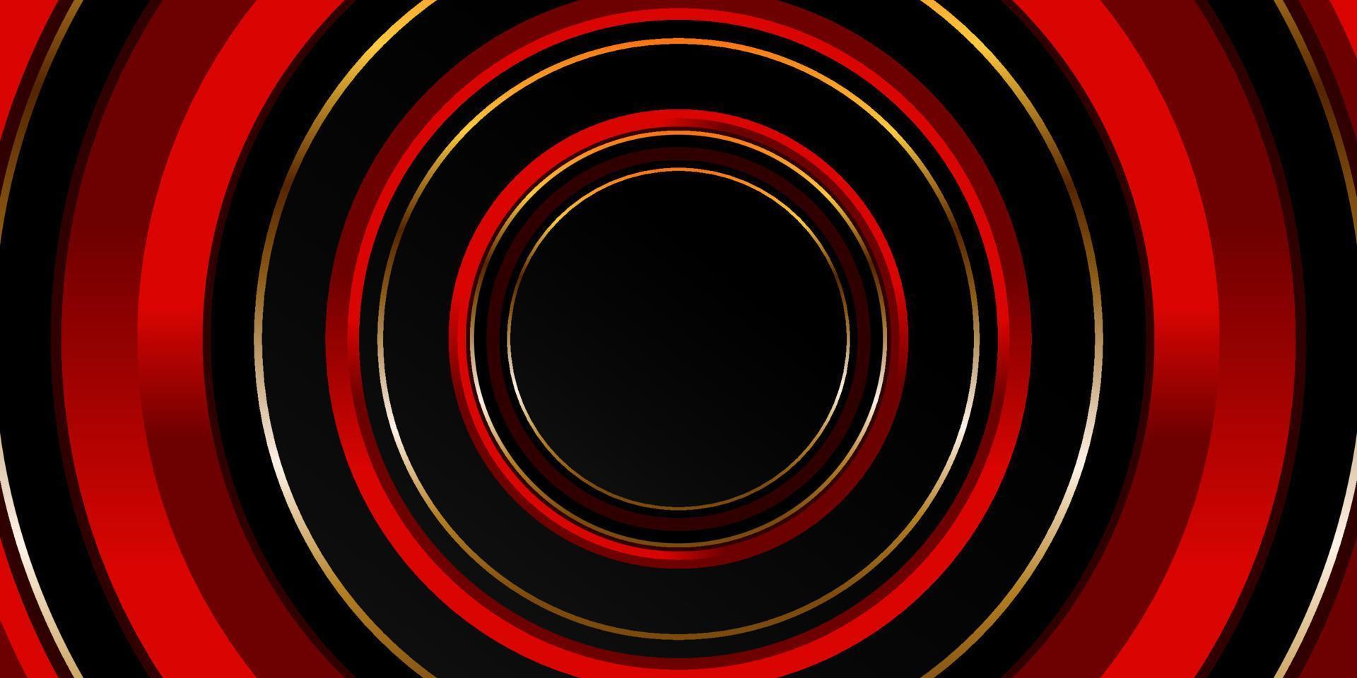 Black and red background with golden line. Abstract geometric background. Circle shaped surface. 3d backdrop. Vector illustration.