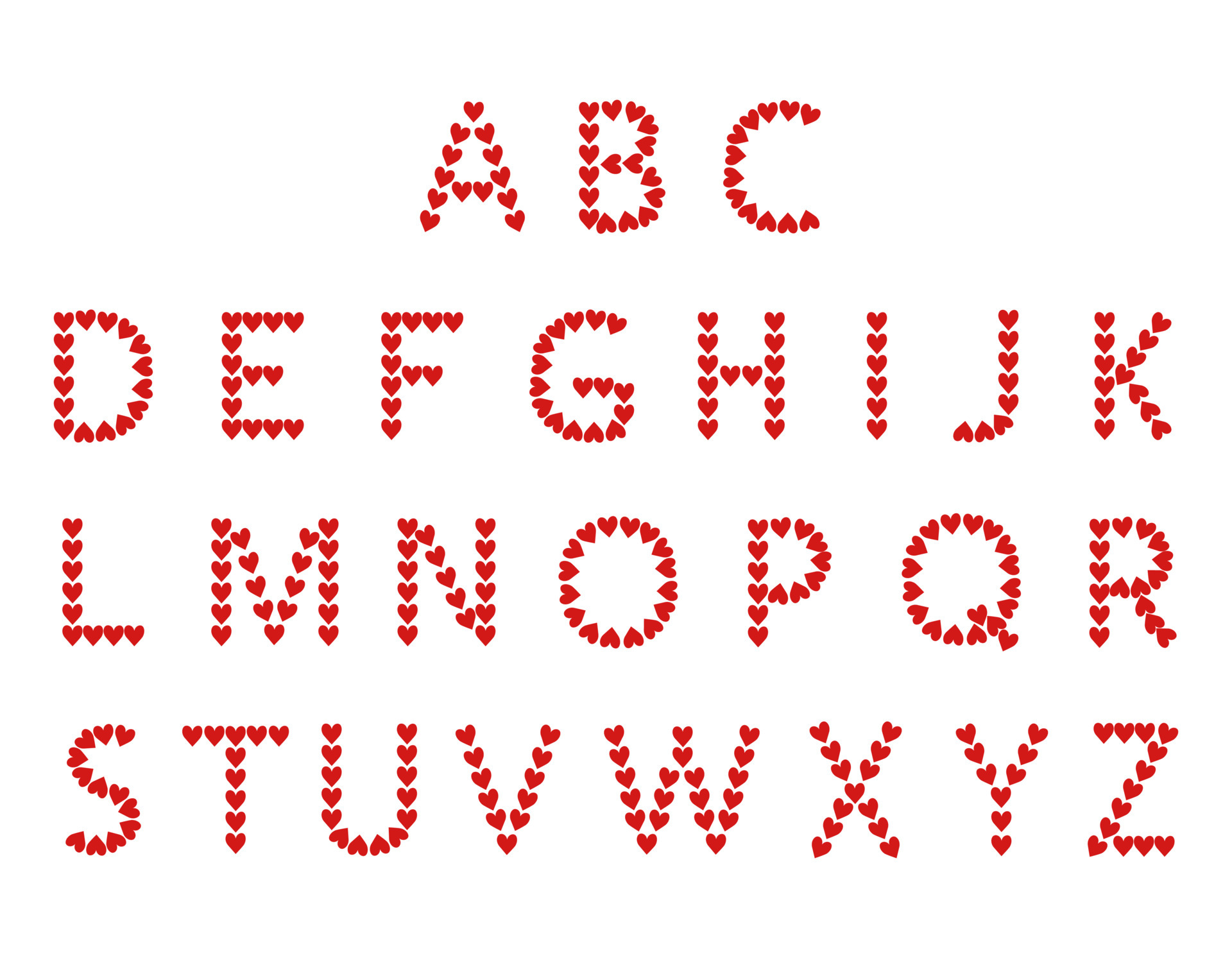 Alphabet from red hearts love symbol. Festive font or decoration for ...