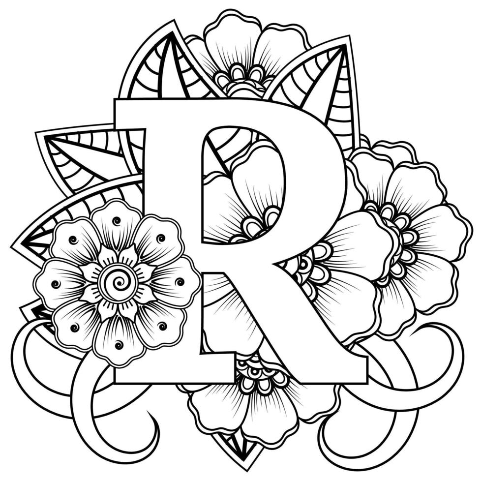 Letter R with Mehndi flower. decorative ornament in ethnic oriental. outline hand-draw vector illustration.
