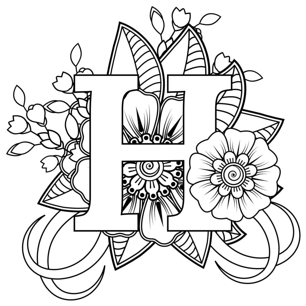 Letter H made of flowers in mehndi style. coloring book page. outline hand-draw vector illustration.