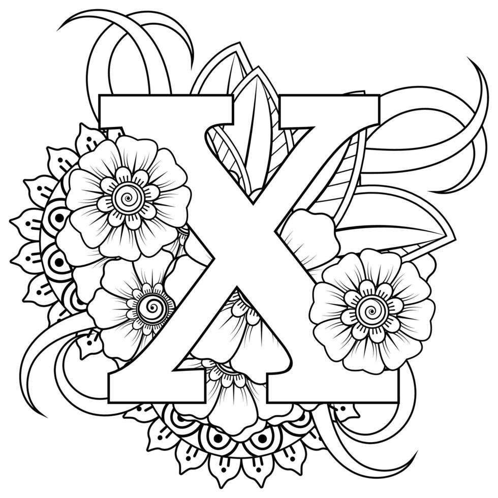 Letter X with Mehndi flower. decorative ornament in ethnic oriental. outline hand-draw vector illustration.