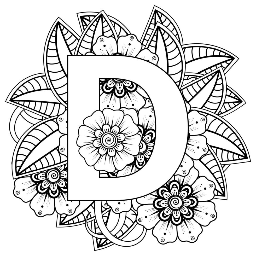 Letter D made of flowers in mehndi style. coloring book page. outline hand-draw vector illustration.