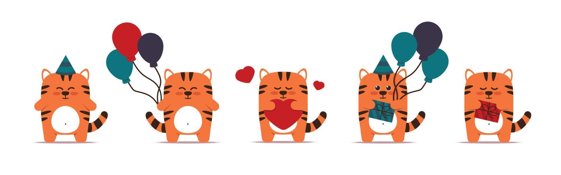 lindos gatos tigres en un estilo plano. animal con soporte de globos con un regalo en una caja y una gorra con un corazón. feliz cumpleaños y saludos festivos. para banner, decoración de guardería. ilustración vectorial vector