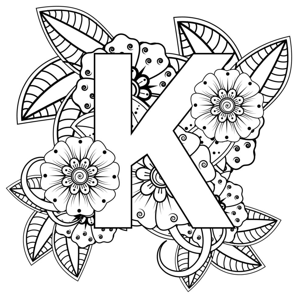 Letter K with Mehndi flower. decorative ornament in ethnic oriental. outline hand-draw vector illustration.