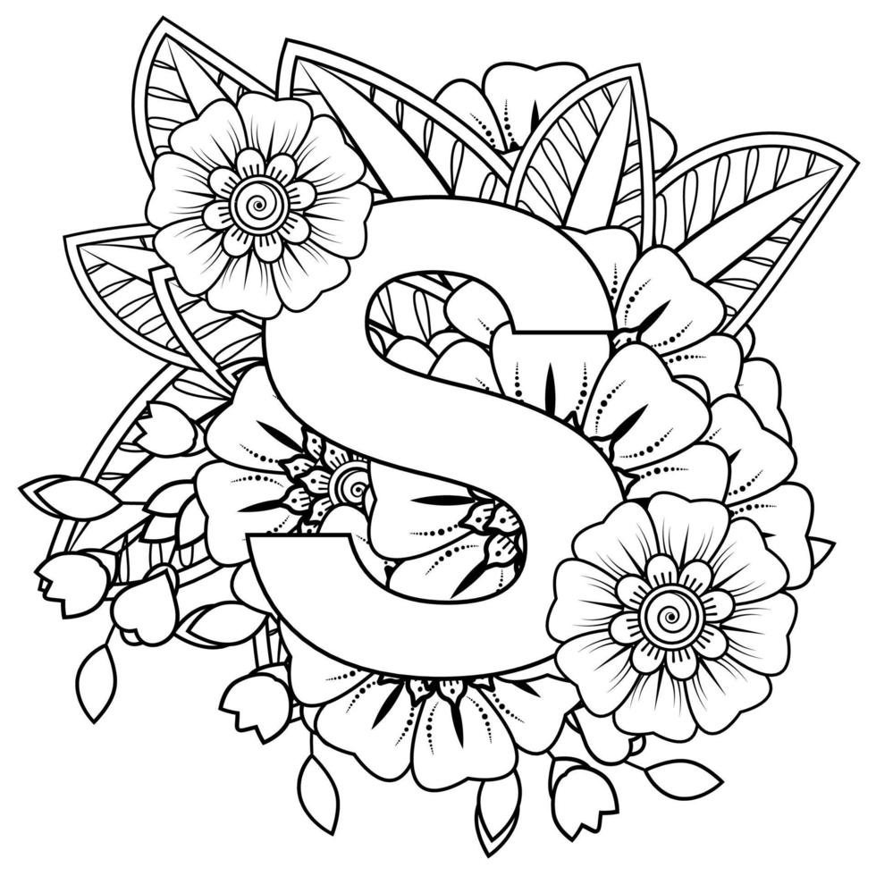 Letter S with Mehndi flower. decorative ornament in ethnic oriental. outline hand-draw vector illustration.