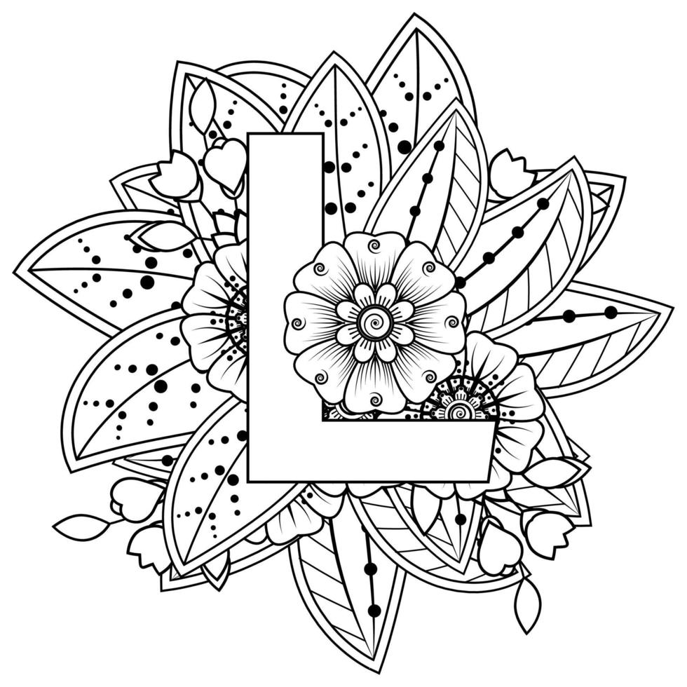 Letter L with Mehndi flower. decorative ornament in ethnic oriental. outline hand-draw vector illustration.