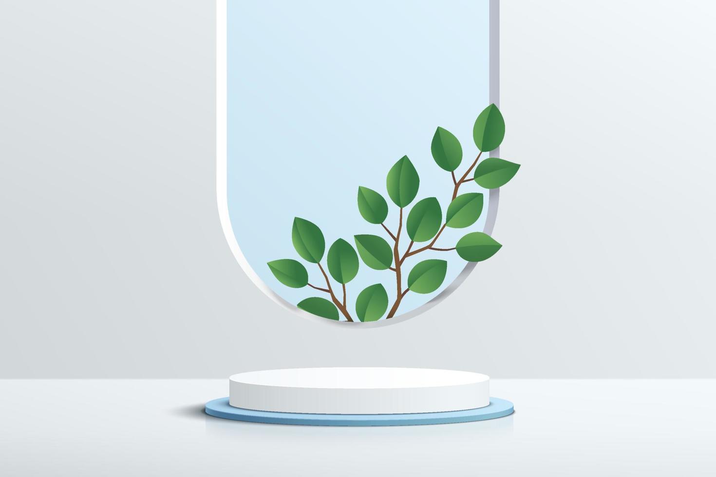 podio de pedestal geométrico blanco y azul con hoja verde y cielo azul en ventana circular. sala de estudio abstracto vectorial con diseño de plataforma 3d. escena de pared mínima para presentación de productos, escaparate vector