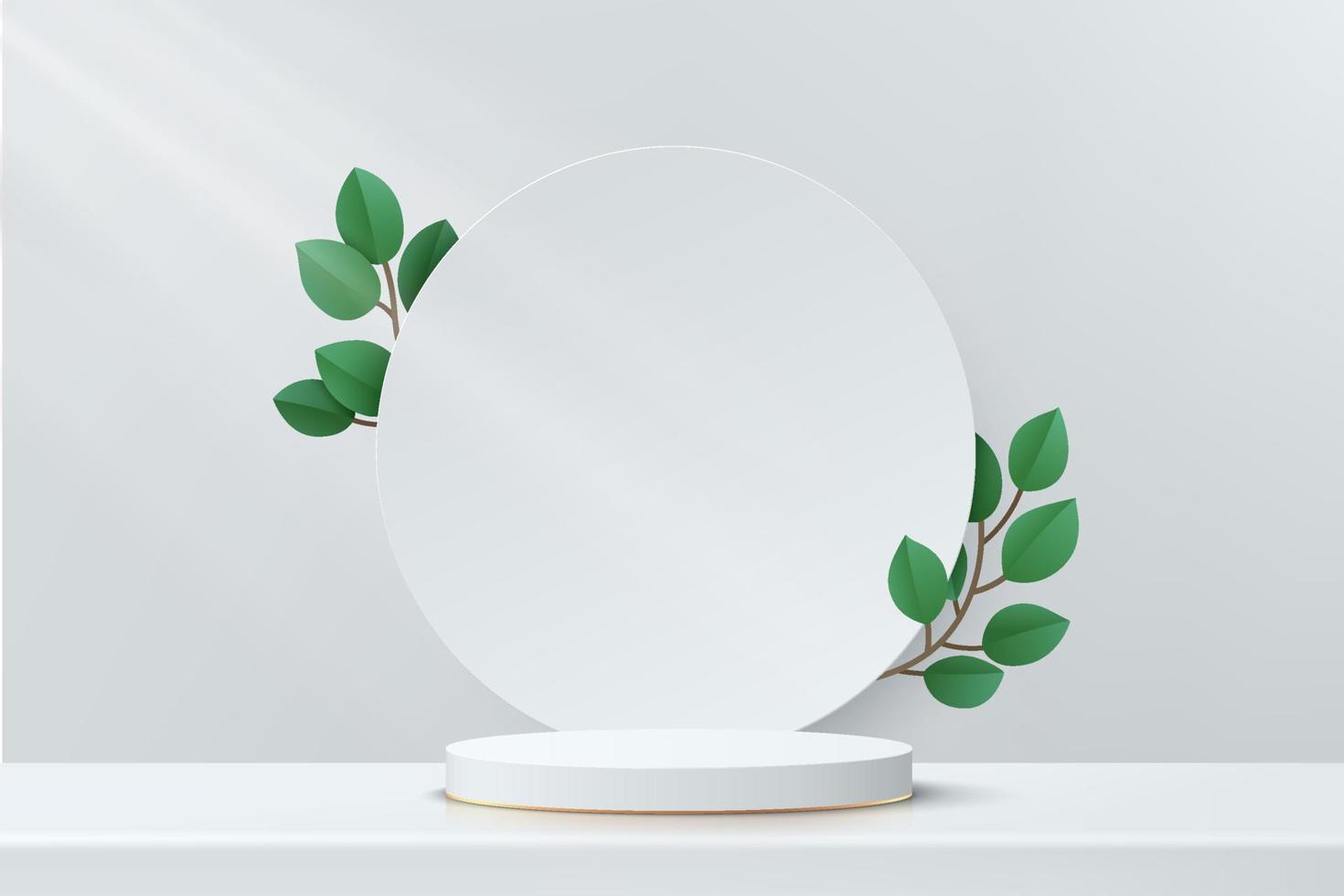 White and gray geometric pedestal podium with green leaf and circle backdrop. Vector abstract studio room with 3D platform design. Minimal wall scene for products display presentation, Showcase.