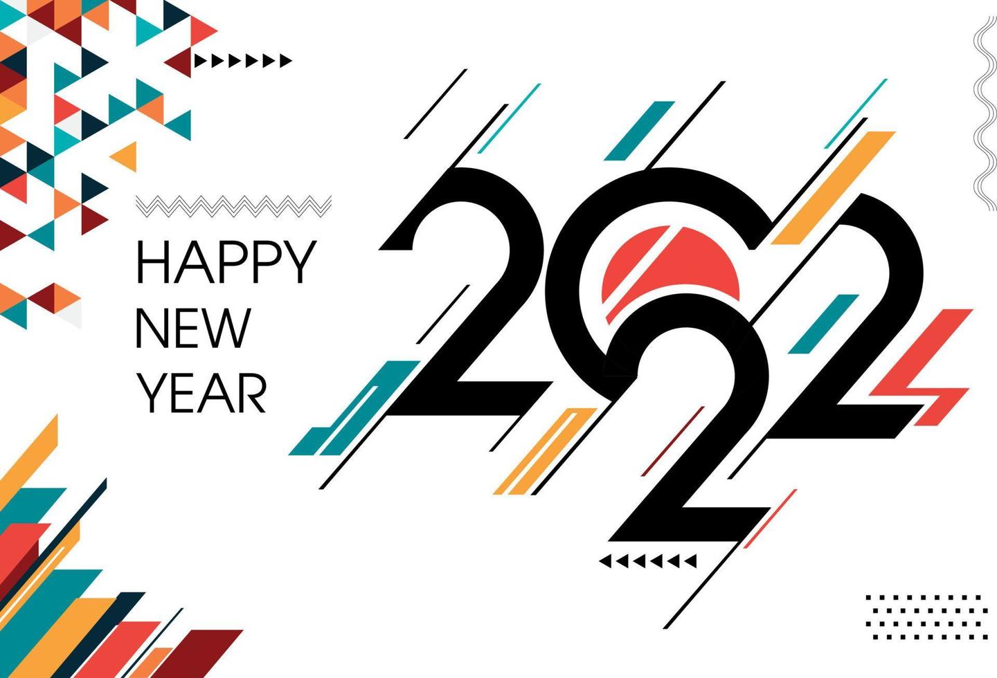 portada de feliz año nuevo 2022 con fondo abstracto geométrico moderno en estilo retro. El diseño de banner de tarjeta de felicitación de feliz año nuevo para la caligrafía 2022 incluye formas coloridas. ilustración vectorial vector