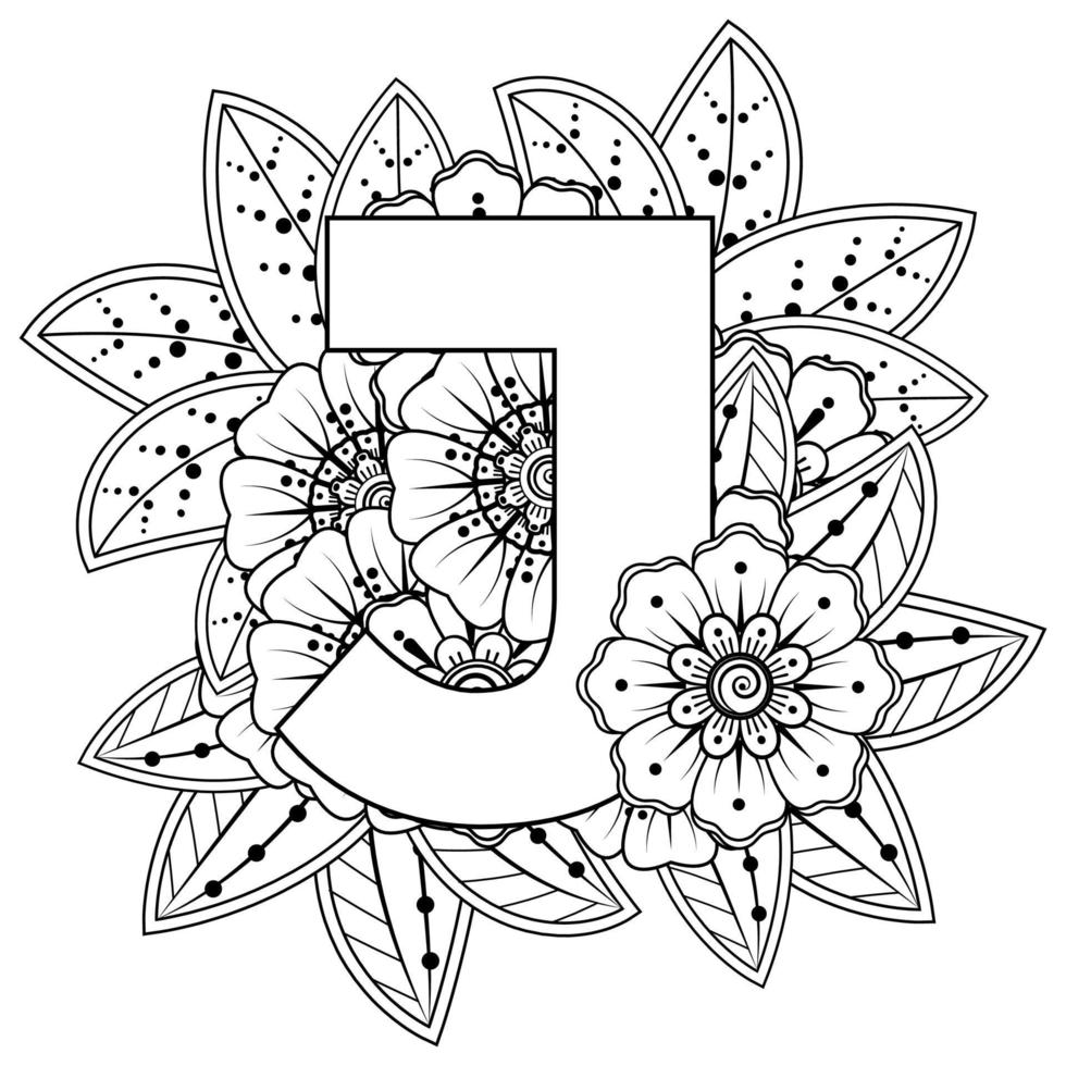 Letter J with Mehndi flower. decorative ornament in ethnic oriental style. coloring book page. vector