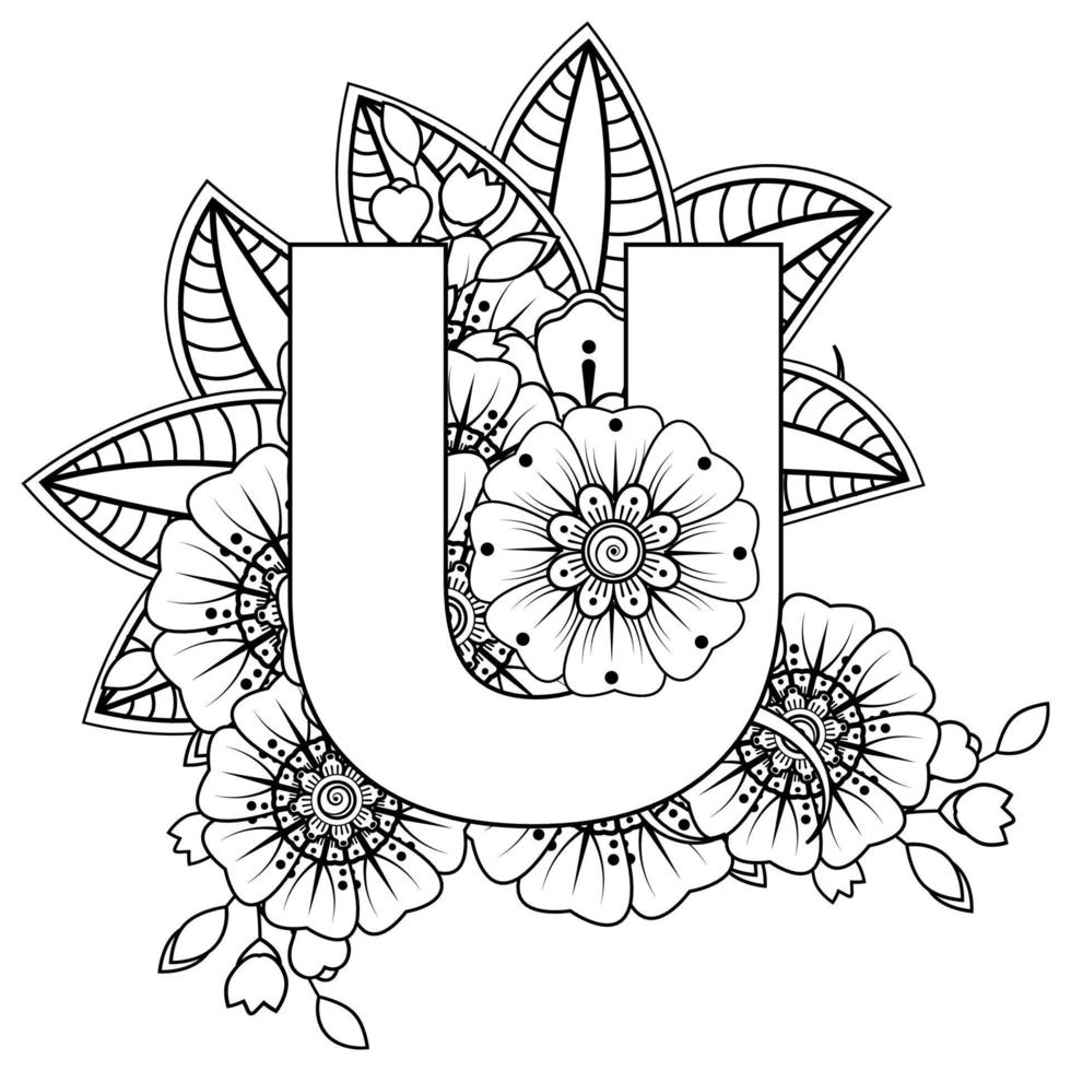 Letter U with Mehndi flower. decorative ornament in ethnic oriental style. coloring book page. vector