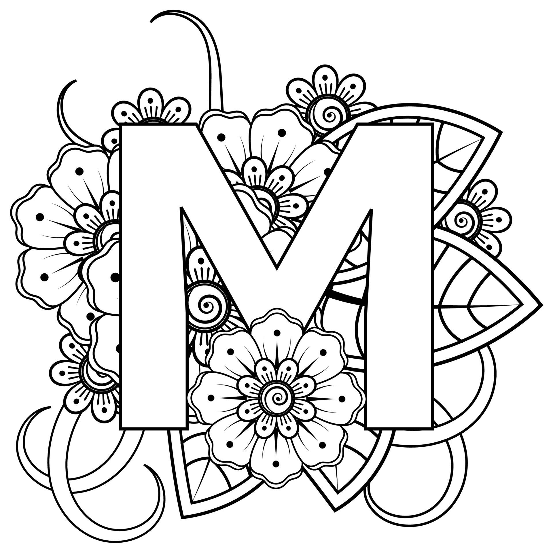 Letter M with Mehndi flower. decorative ornament in ethnic oriental ...