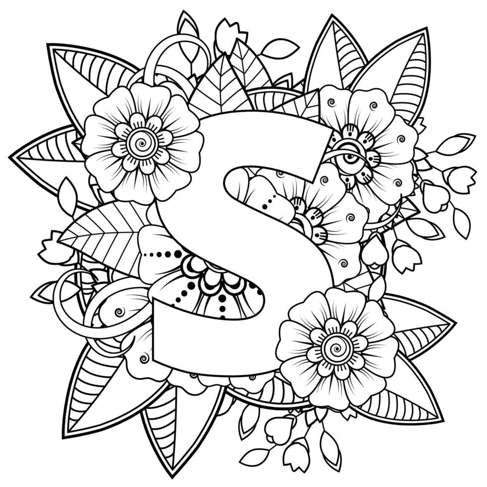 letra s con flor mehndi. ornamento decorativo en estilo étnico oriental. página del libro para colorear. vector