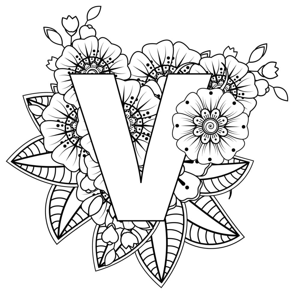 Letter V with Mehndi flower. decorative ornament in ethnic oriental style. coloring book page. vector