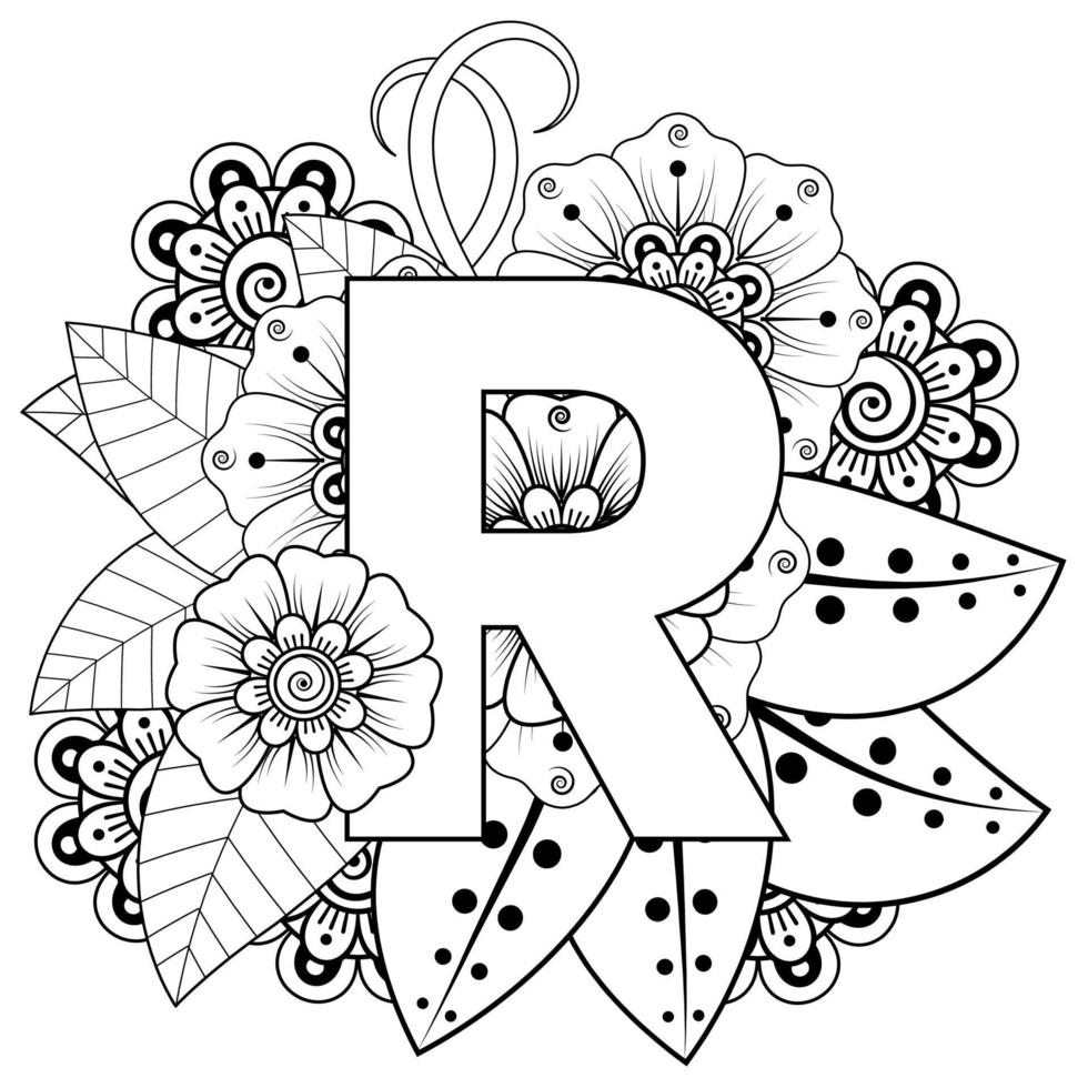 Letter R with Mehndi flower. decorative ornament in ethnic oriental style. coloring book page. vector