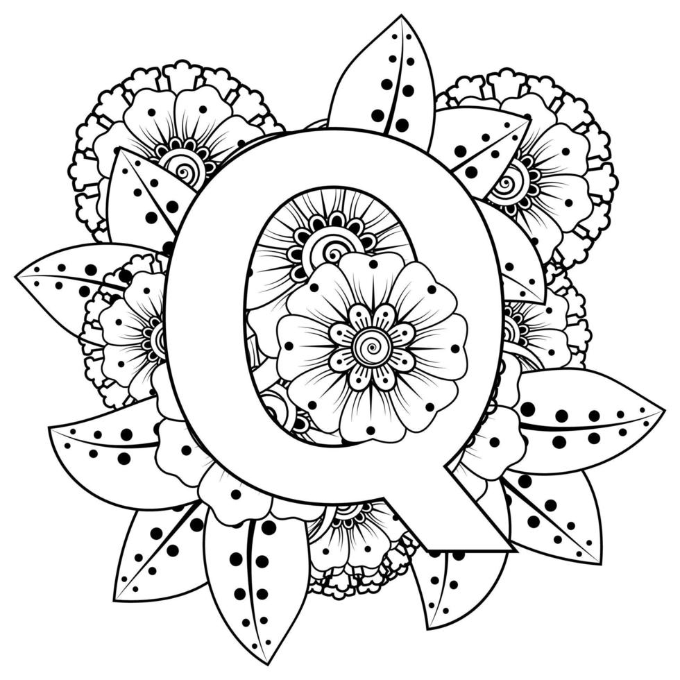 Letter Q with Mehndi flower. decorative ornament in ethnic oriental style. coloring book page. vector