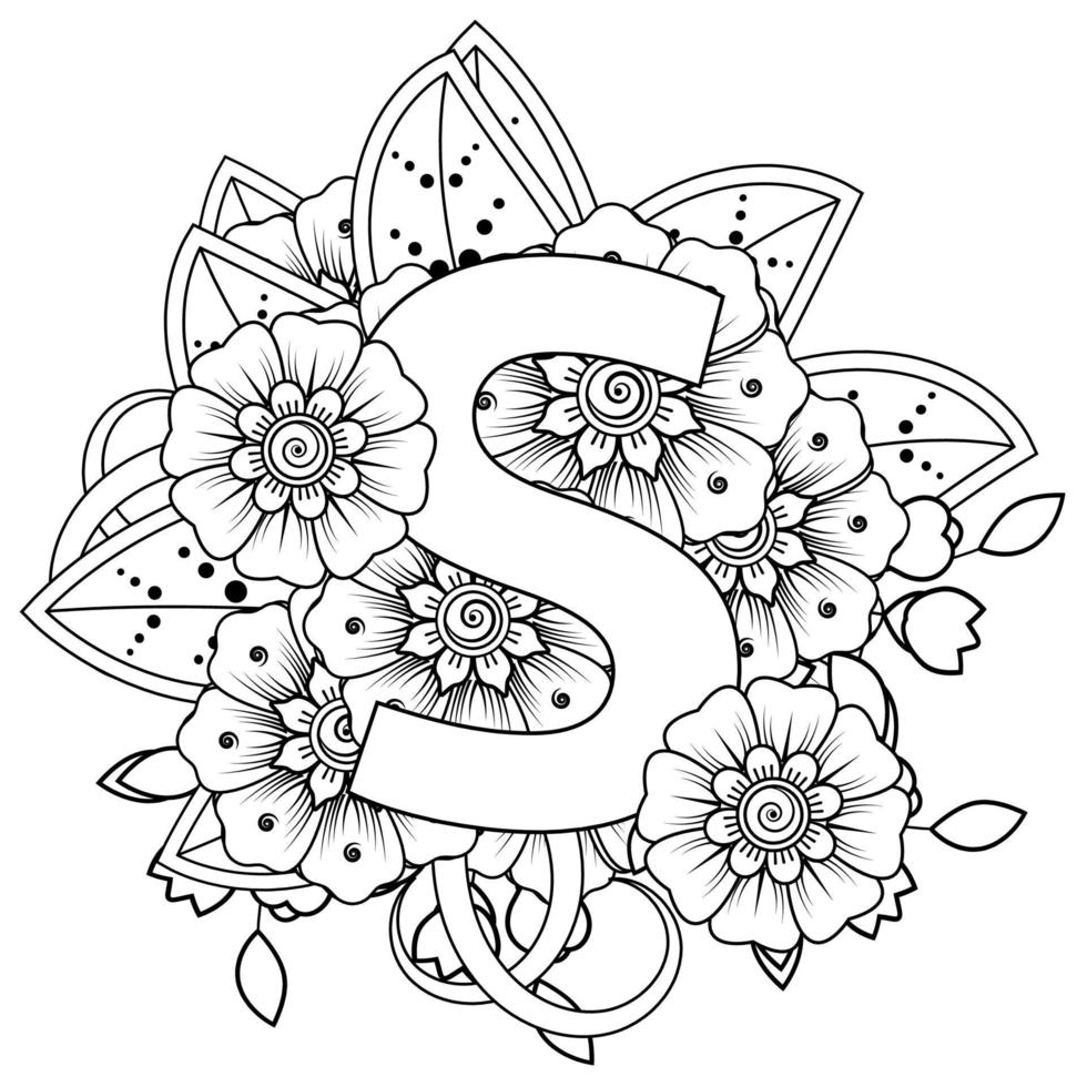 Letter S with Mehndi flower. decorative ornament in ethnic oriental style. coloring book page. vector