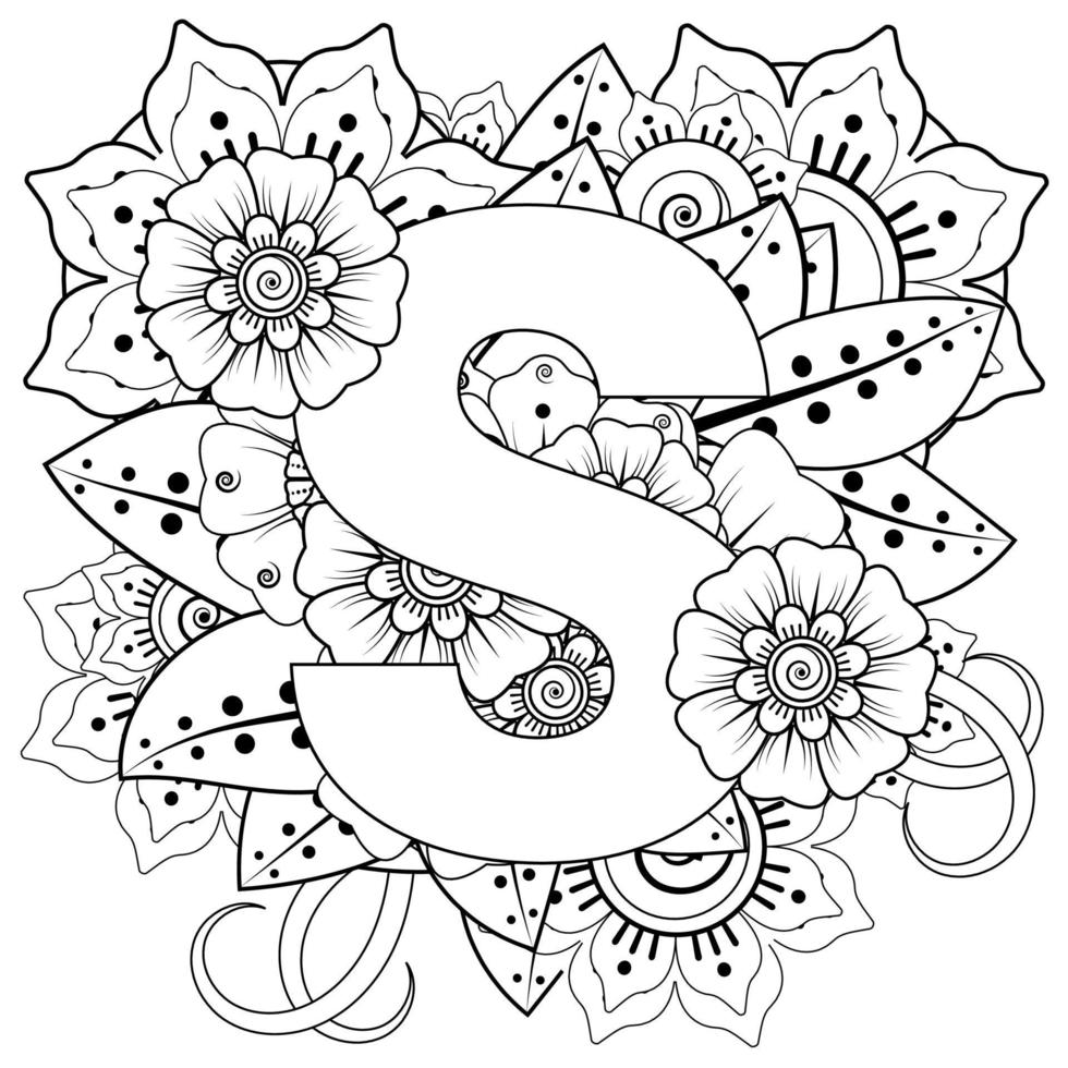 letra s con flor mehndi. ornamento decorativo en estilo étnico oriental. página del libro para colorear. vector