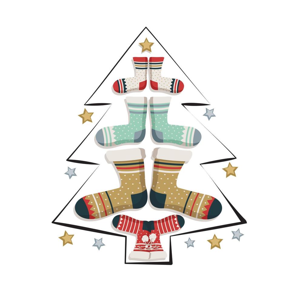 árbol de navidad hecho de calcetines con estampado y estrellas. decoración festiva para año nuevo y vacaciones de invierno vector