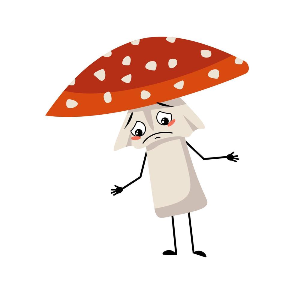 lindo personaje de amanita con llanto y lágrimas emoción, cara triste, ojos depresivos, brazos y piernas. Hongo agárico de mosca del bosque con expresión melancólica vector