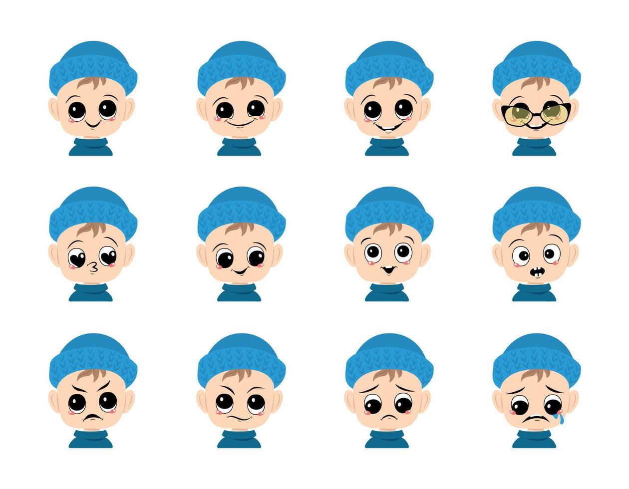 conjunto de avatar de bebé con ojos grandes y amplia sonrisa y diferentes emociones en sombrero de punto azul. niño lindo con cara alegre, triste o enojada en tocado de invierno vector