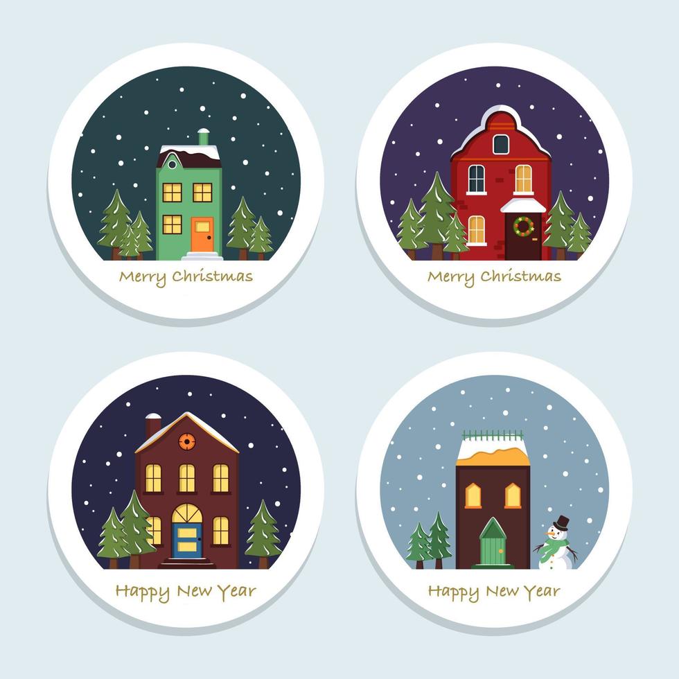Christmas cards or labels with bright cute snow houses. Winter landscape with snowflakes, fir trees and snowman on round tags. Happy new year greeting card. Vector flat illustration