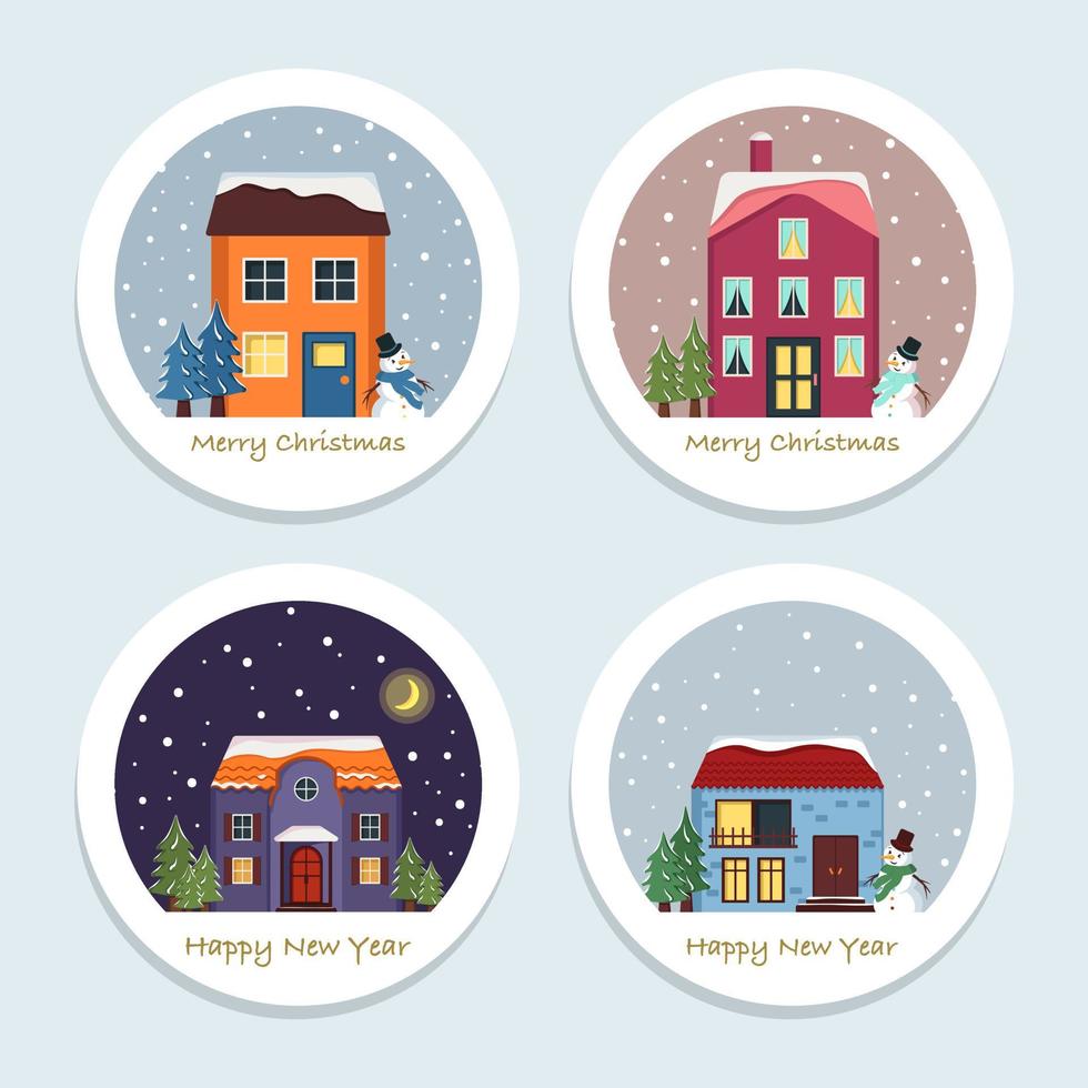 tarjetas navideñas o etiquetas con lindas casas de nieve brillantes. paisaje invernal con copos de nieve, abetos y muñecos de nieve en etiquetas redondas. tarjeta de felicitación de feliz año nuevo. ilustración plana vectorial vector