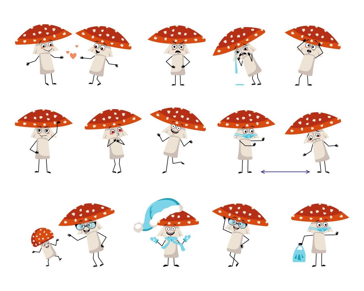 hongo amanita con emociones, cara, manos y piernas. el agárico de mosca alegre o triste se enamora, mantiene la distancia con una máscara, baila con un feliz sombrero de santa vector