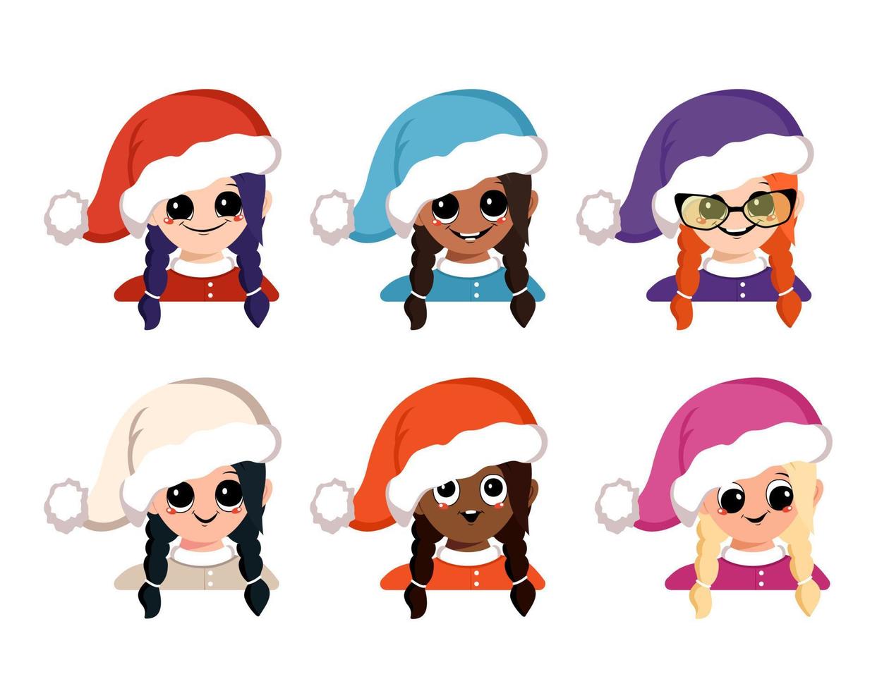 Set of avatars girl of different nationalities with big eyes and wide happy smile in Santa hat. Head of child with joyful face in festive costume for New Year and Christmas. vector