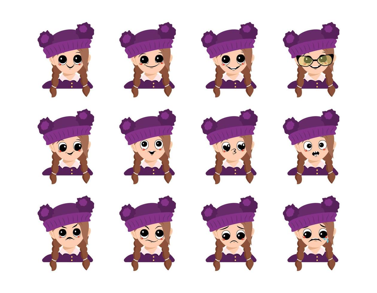 Set of girl avatar with big eyes and wide smile and different emotions in purple hat with pompom. Cute child with joyful, sad or angry face vector