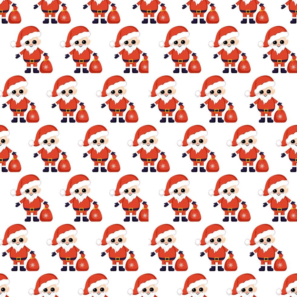 Seamless Christmas pattern with red Santa Claus, bag with presents and snowflakes. Bright print for New Year and winter holiday, wrapping paper, textiles and designs. vector
