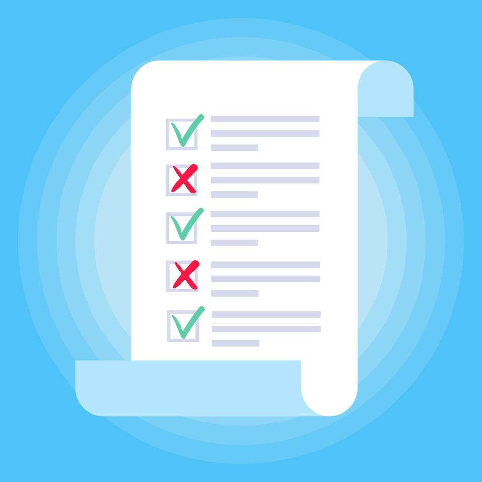 Paper sheet with check list with check marks ticks v and crosses x to fill out and text on it flat style design isolated on light blue background vector illustration.