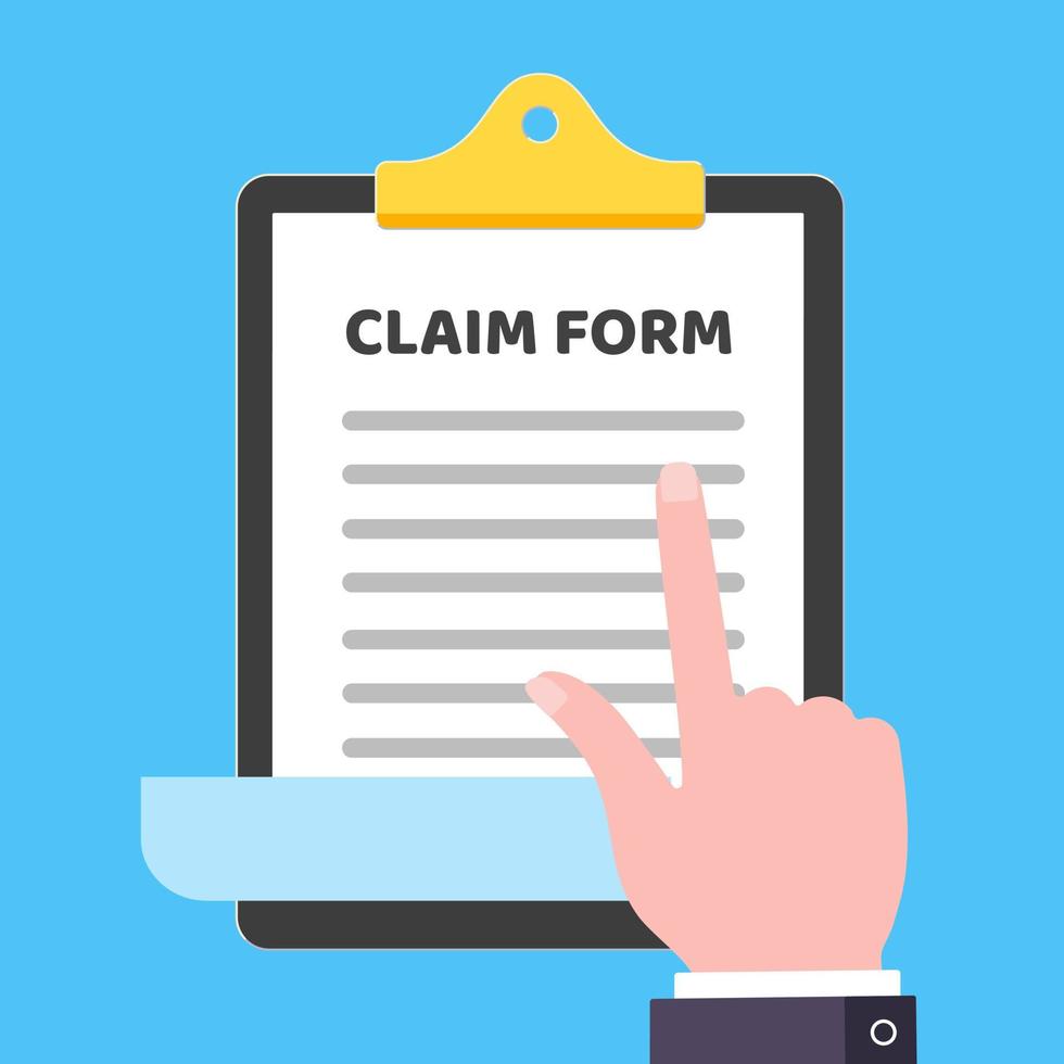 Clipboard with claim form on it, paper sheets and hand pointer finger isolated on light blue background flat style design vector illustration. Concept of fill out or online survey.