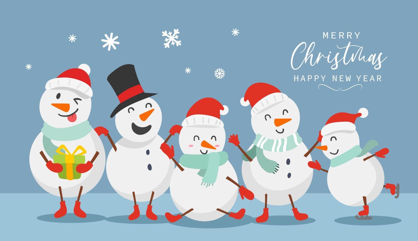 feliz navidad y feliz año nuevo tarjeta de felicitación con lindo muñeco de nieve divertido y feliz diseño de personajes en estilo plano. ilustración vectorial vector