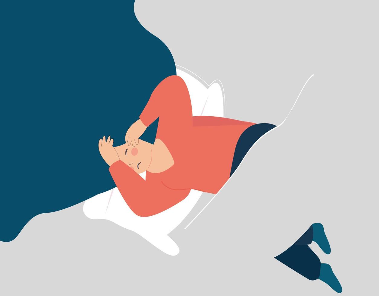 Woman suffers from insomnia and had difficulty to sleep. Girl lying on bed can't fall asleep. Female touches her head because of headaches. Mental health disorders, sleep disorder. Vector illustration