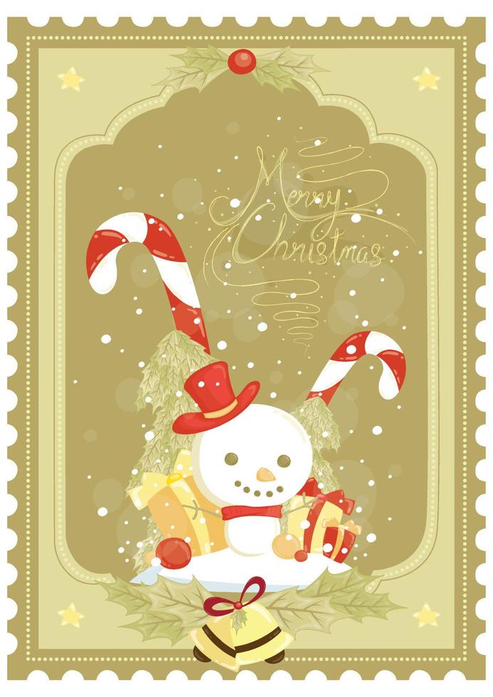 Merry Christmas poster design with snowman Santa clause hat, gift box vector