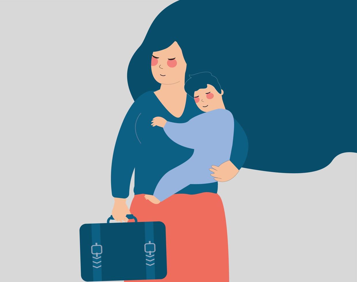 la empresaria sostiene a su bebé en una mano y su maletín en el otro lado. madre trabajadora yendo a trabajar. concepto de oportunidad en el trabajo durante la maternidad, conciliación del tiempo de trabajo. material vectorial vector
