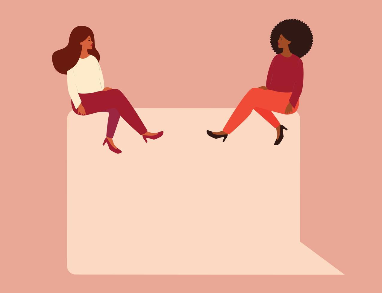 Multicultural group of women sit on a big speech bubble. A woman talking with her best friend sitting on a square bubble. Feminism, woman empowerment, freedom of speech concept. Vector illustration.