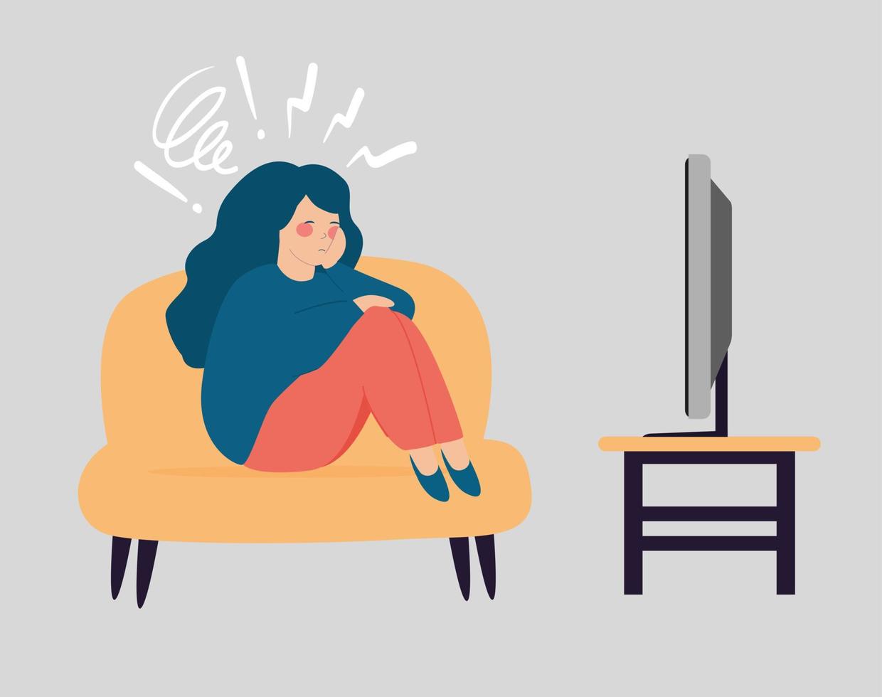 Young woman sitting and looks sad. Depressed girl hugging her knees and and watching tv. Bored female suffers from depression. concept of mental health disorders and boredom. Vector illustration.