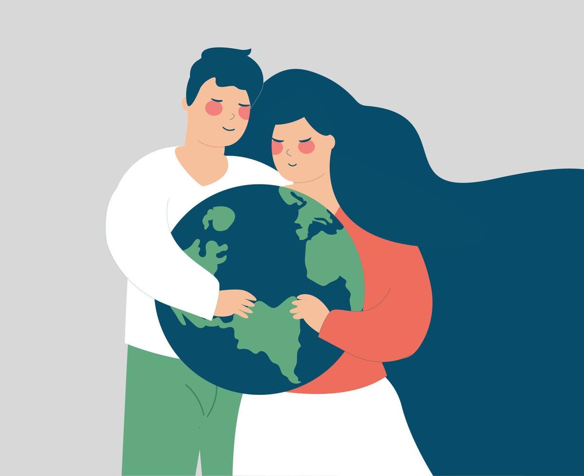 Happy couple embrace the globe with care. Man and woman hold the green planet with love. Earth day, saving the environment and energy, planet conservation, climat change and global warming concept. vector