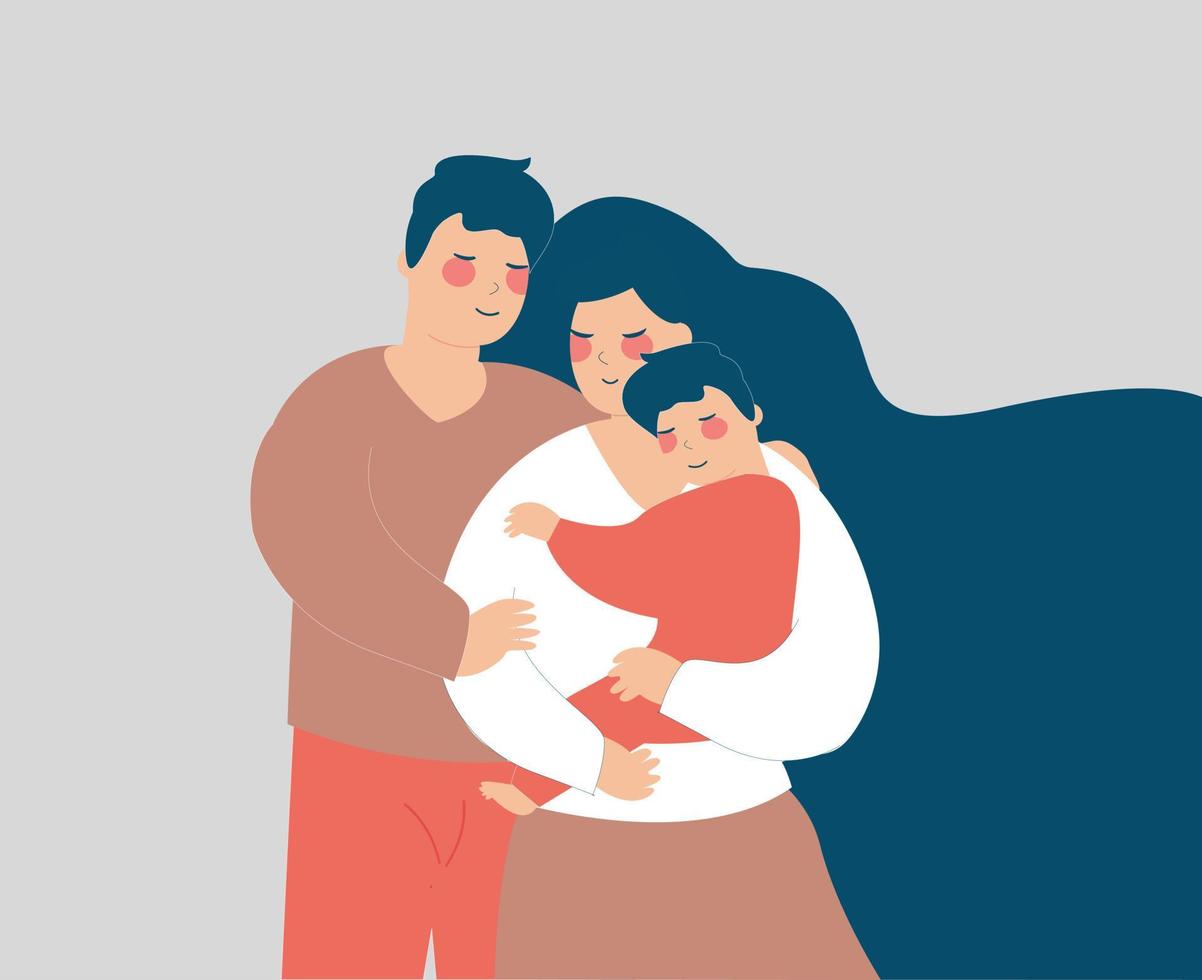 pareja joven abraza a su hijo con amor y afecto. feliz madre y padre abrazan a su hijo con cuidado. crianza positiva, padres e hijos, concepto de relación familiar, ilustración vectorial. vector