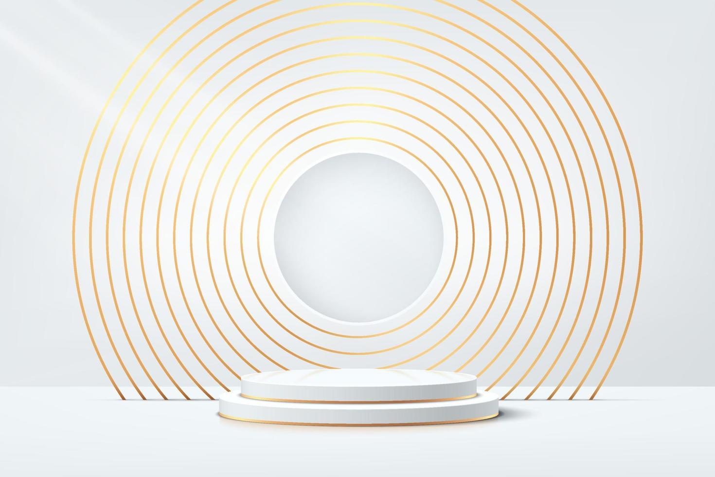 White, gold realistic cylinder pedestal podium with luxury golden circle ring background. Vector abstract studio room with 3D geometric platform. Minimal scene for products showcase, Promotion display