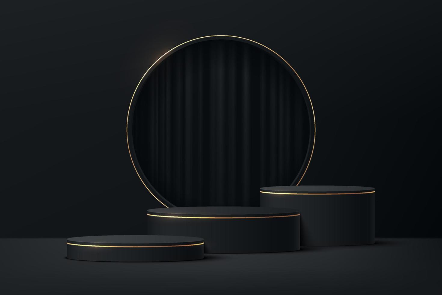 Black, Gold realistic cylinder pedestal podium set with curtain in circle window. Vector abstract studio room with 3D geometric platform. Luxury minimal scene for products showcase, Promotion display.