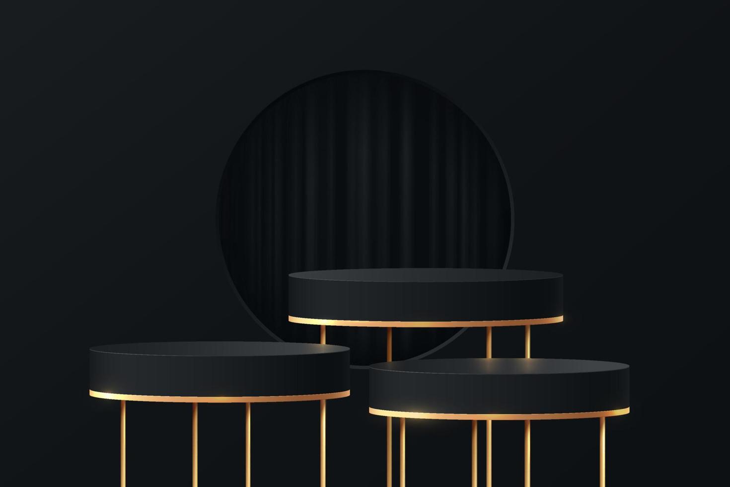 Black, Gold realistic cylinder pedestal or stand podium set with curtain in circle window. Vector abstract studio room with 3D geometric platform. Luxury scene for products showcase, Promotion display