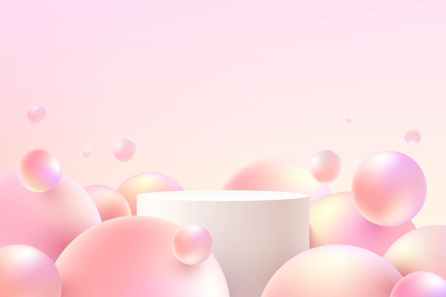 podio de pedestal de cilindro realista blanco y rosa con bola de esfera voladora o burbuja rosa. sala de estudio abstracto vectorial con plataforma geométrica 3d. escena mínima pastel para exhibición de promoción de productos. vector