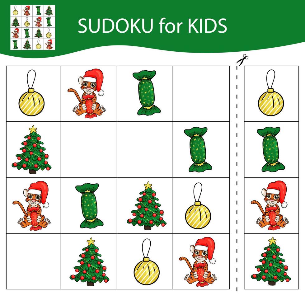 Sudoku game for kids with pictures. Merry Christmas and Happy New Year. The tiger is a symbol of the Chinese New Year with Christmas elements. Vector. vector