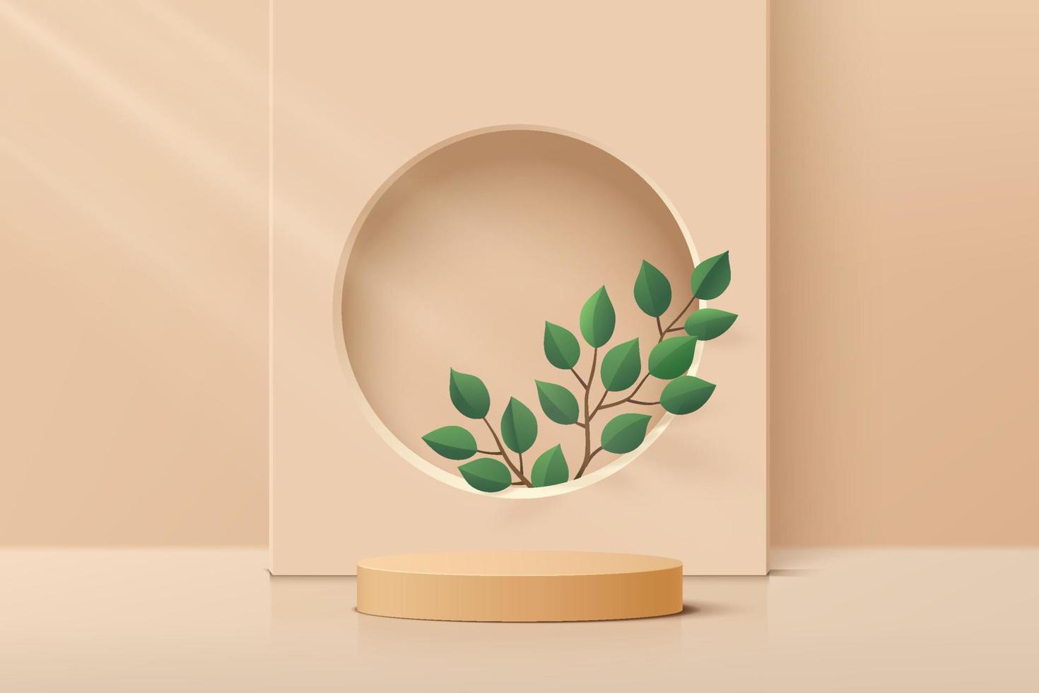 Beige, Brown realistic cylinder pedestal podium with green leaf and circle backdrop. Vector abstract studio room with 3D geometric platform. Minimal scene for products showcase, Promotion display