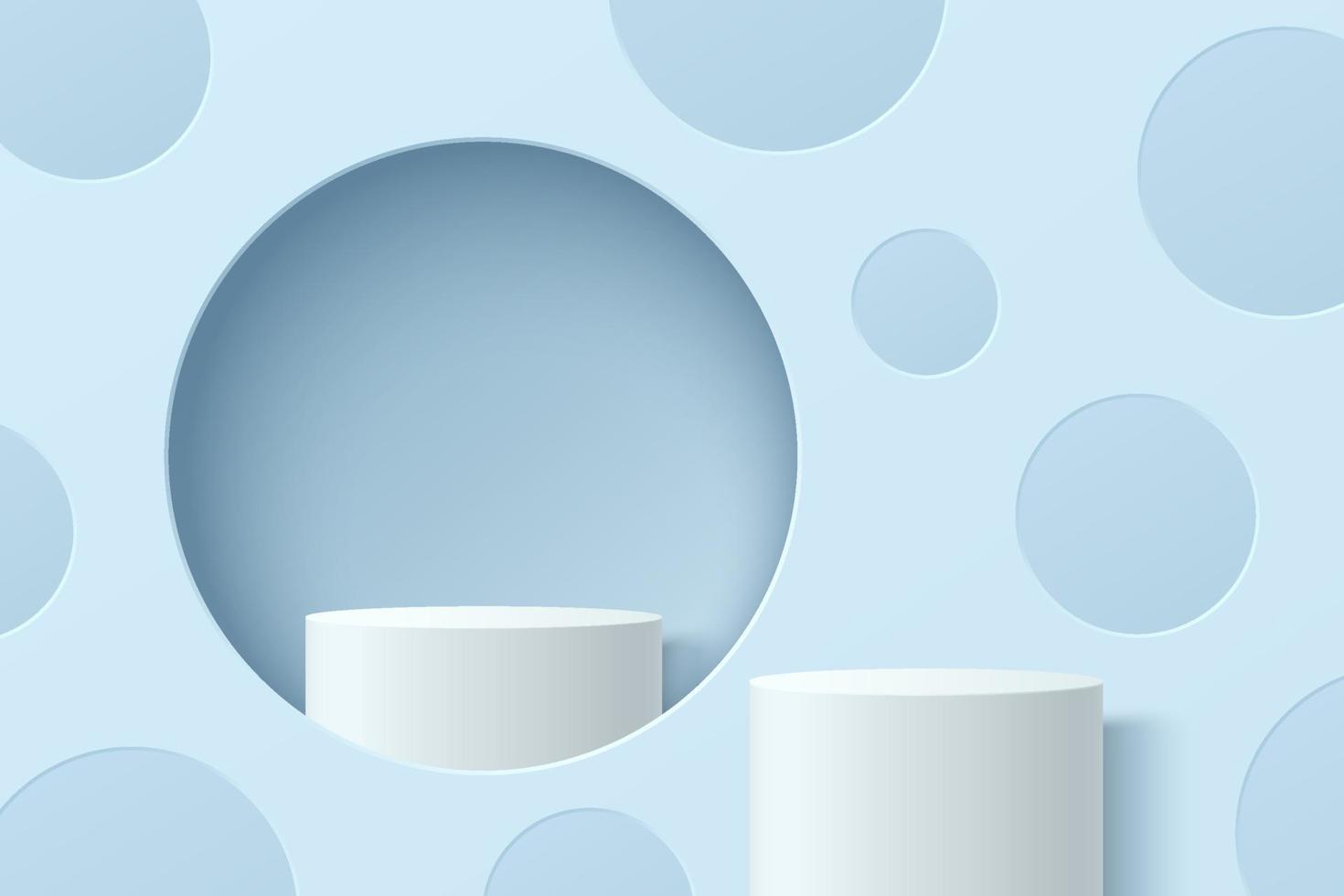 White, blue realistic cylinder pedestal podium in circle window with polka dots pattern. Vector abstract studio room with 3D geometric platform. Minimal scene for products showcase, Promotion display.