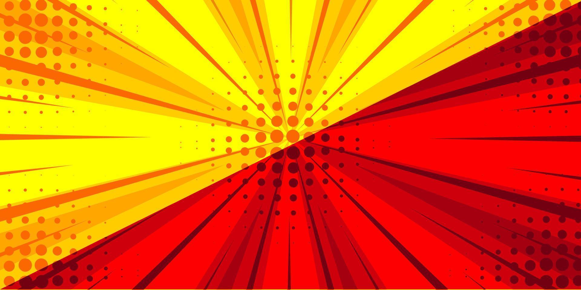 Fondo cómico de rayos de sol rojos y amarillos. fondo de dibujos animados de estilo retro pop art. Ilustración de vector de semitono vintage